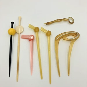 Antique Hair Pins Celluloid Bakelite Rhinestone Collection Lot 7 Vintage - Picture 1 of 5