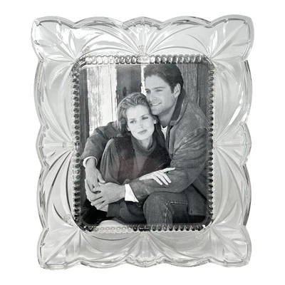 Vintage Heavy Cut Crystal Glass Picture Frame Clear Floral Fan Holds 8x10 Photo - Image 1 of 4