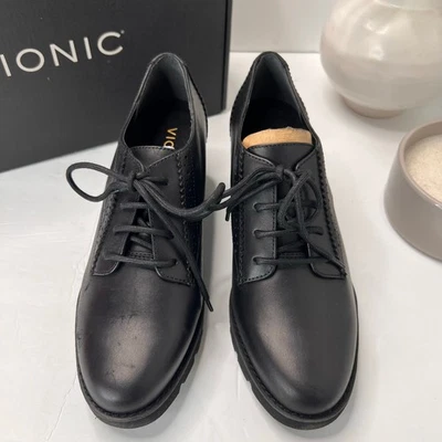 Mocasín Derby de cuña grueso con cordones de cuero Vionic Anaheim negro para mujer 6,5 M nuevo con etiquetas Foto 1 de 4
