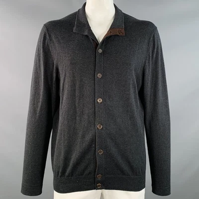 ROBERT TALBOTT Size XL Grey Brown Contrast Trim Cotton Cashmere Cardigan - Image 1 of 4