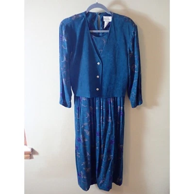 Vestido Miss Dorby Años 80 Vintage Azul Verde Talla 12 Floral Una Pieza Recortado  Foto 1 de 4