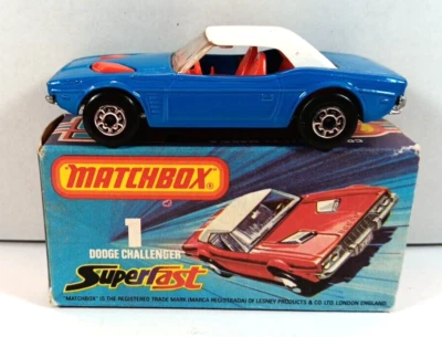 Matchbox Superfast 1-75 No1 Dodge Challenger Blue 1975 Red Interior J Box MINT - Image 1 of 4