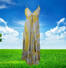 Womens Summer Maxi Dress, Halter Dresses, Gray Yellow Print Swing Strap Boho S/M
