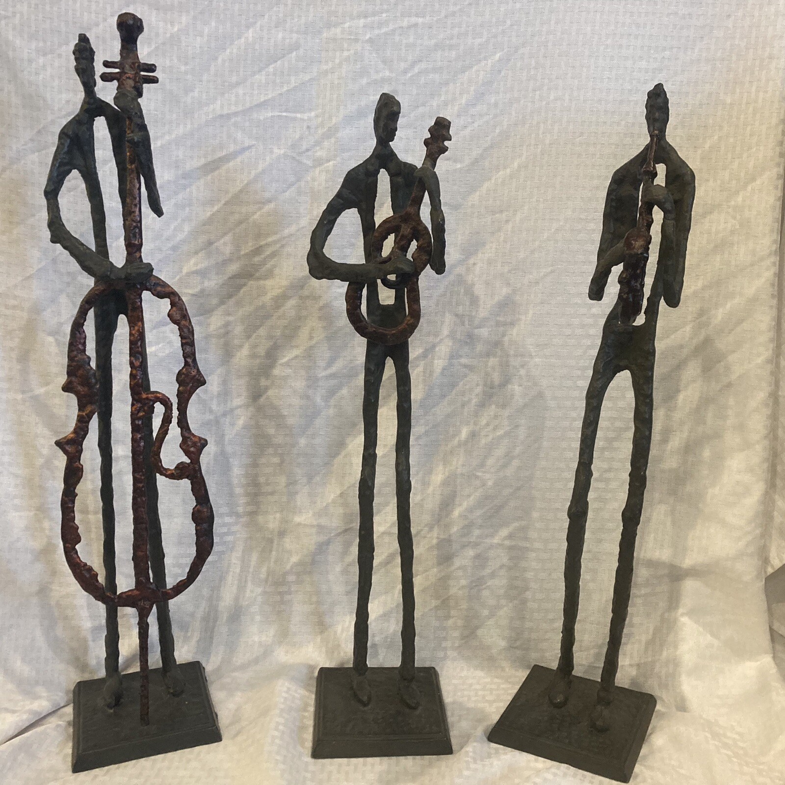 Three MCM Metal Jazz Musician Sculptures Giacometti Style Bass Guitar Saxophone