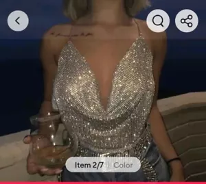 Halter Neck, Backless, Silver Mesh Top XL. - Picture 1 of 3