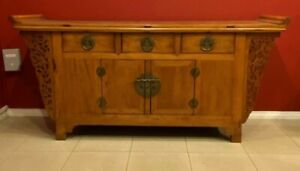 Antique Chinese Elmwood Altar Table/Sideboard w/ planked top & everted flanges