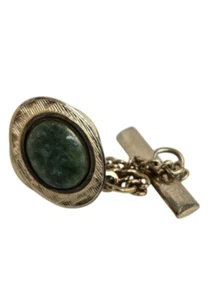 Vintage Textured Gold Tone and Green Stone Tie Tac - Picture 1 of 4