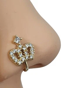 Crown Clip On Nose Stud Cuff Crown CZ Crystal Stones Non Piercing Gold Plated - Picture 1 of 24
