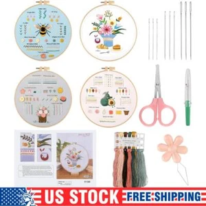 4 Sets Embroidery Starter Kit for Beginners Cross Stitch Stamped DIY Decor Craft - Picture 1 of 7