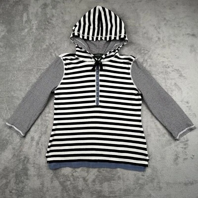 Lauren Ralph Lauren Top Womens M Black White Striped Hooded Sweatshirt 3/4 Sleev - Image 1 of 4