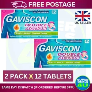 Gaviscon Heartburn & Indigestion Tablets,Double Action-Mint Flavour, 2 Pack X 12 - Picture 1 of 8