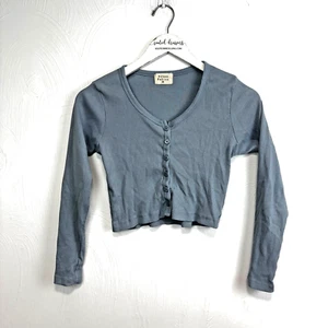 Urban Nation Crop Top Langarm gerippt blau einfarbig Pullover Knopf Damen Shirt - Bild 1 von 5