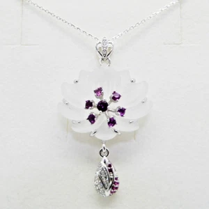 Quarz Rhodolith CZ Anhänger BLÜTE geschnitzt Kette 925 Silber 585 Weißgold verg. - Bild 1 von 5