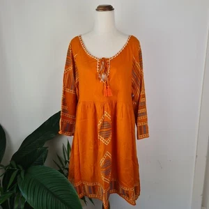 Ishka Orange Embroidered Boho Dress Size M Long Sleeve Tiered Thick Tassel - Picture 1 of 8
