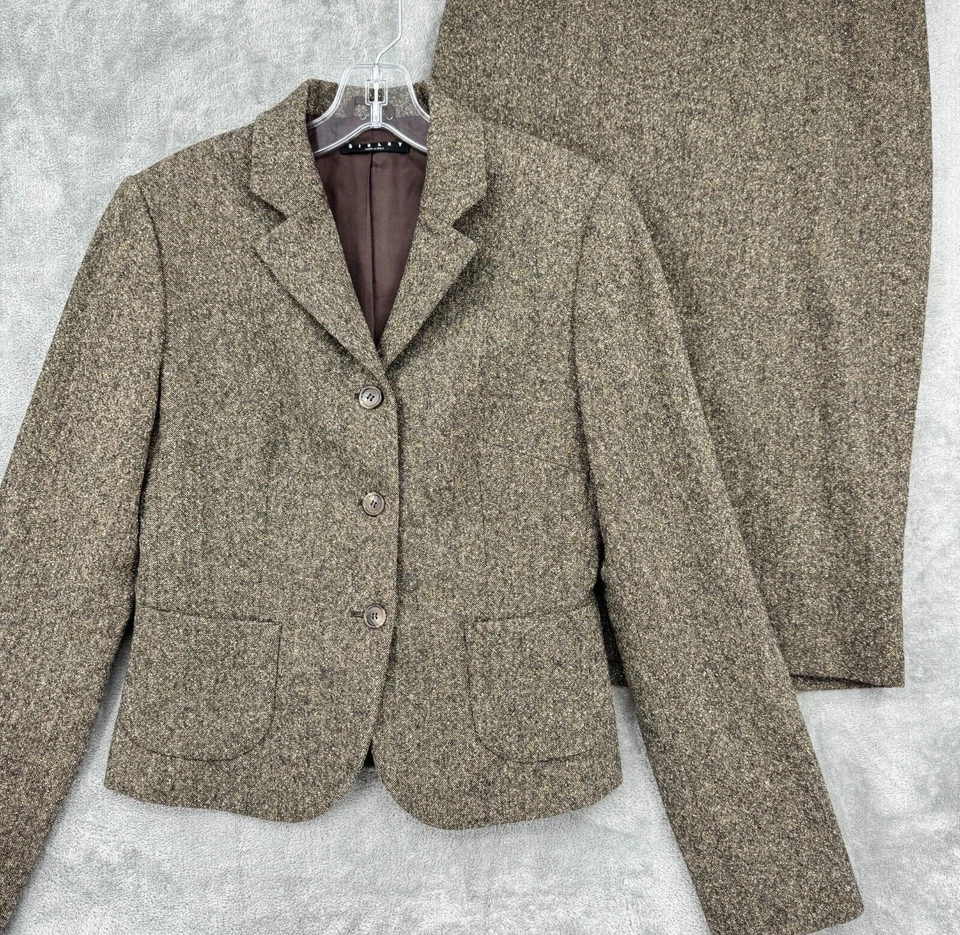 Traje Falda Sisley Mujer 42 Mezcla Lana Carrera Clásico Botón Forrado Marrón Italia Foto 1 de 4