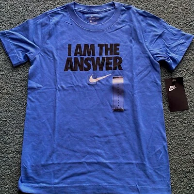 NWT Nike Boys YMD Cornflower Blue/Black/White I AM THE ANSWER Shirt Medium - Image 1 of 2