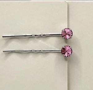 Handmade 2pc Hair/ Bobby Pins w/ Swarovski Crystal Rose Chaton Stones; Pink - Picture 1 of 4