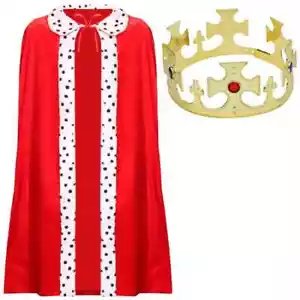 KING COSTUME SET CAPE & CROWN MEDIEVAL KING FURY ADULT KIDS FANCY DRESS - Picture 1 of 3