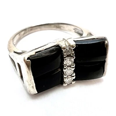 Vintage 10k Solid White Gold Onyx Diamond Pinky Ring Size 3.75, 2.99g - Image 1 of 4