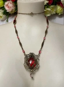 Antique Neiger Bros Raspberry Glass Sautoir Filigree Necklace - Picture 1 of 11