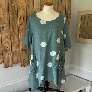 Camicetta tunica verde a pois Made in Italy 100% lino 8 top Lagenlook oversize - Foto 1 di 12