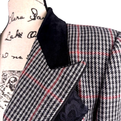 Chaqueta Blazer De Colección Sasson Lana Pata de Gallo Cuadros Talla M Cuello Terciopelo Encaje Brezo Foto 1 de 4