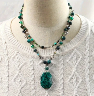 Collar de cadena bohemio vintage de doble capa con colgante de piedra natural -... Foto 1 de 4