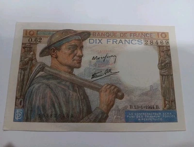 1944 France 10 Francs Banknote Note Bill Currency  - Image 1 of 2