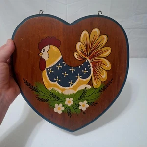 Vintage Wood Hanging Heart Sign Farmhouse Country Rustic Hand Painted Chicken - Picture 1 of 6