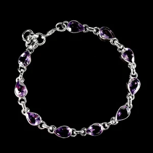 925 Sterling Silver Bracelet Pear Amethyst 9x6mm Natural Gemstone Jewelry 8in - Picture 1 of 13