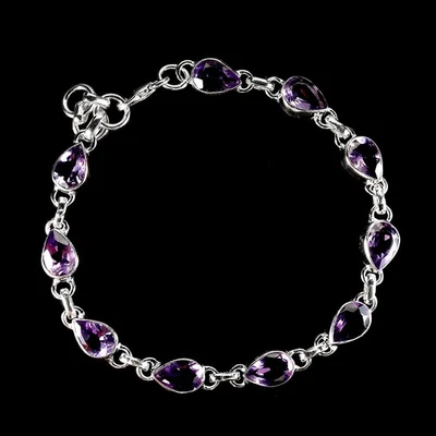 925 Sterling Silver Bracelet Pear Amethyst 9x6mm Natural Gemstone Jewelry 8in - Image 1 of 4