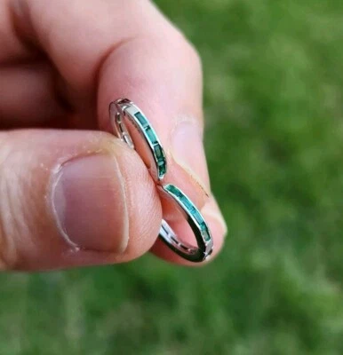 925 Sterling Silver .25ct Genuine Green Sapphire Huggie Hoop 1/2'' Earrings - Image 1 of 3