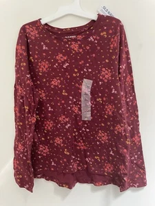 Old Navy Softest Tee Kids Girls Floral Print Cotton Long Sleeve Shirt Burgundy L - Picture 1 of 3