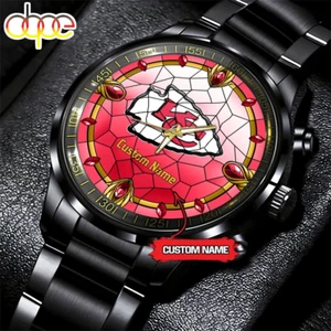Custom Kansas-City Team Chiefs Stained Glass Art Black Stainless Steel Watch - Picture 1 of 2