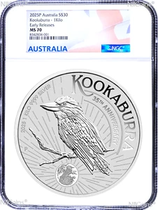 2025 Kookaburra Kilo 9999 Silver $30 Coin NGC MS70 32.2oz 35th Ann. 1990 Privy E - Picture 1 of 2