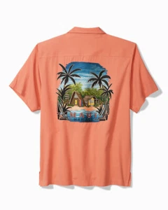 TOMMY BAHAMA Peachy Orange Bungalow Beach Silk Embroidered Camp Shirt NEW Medium - Picture 1 of 3