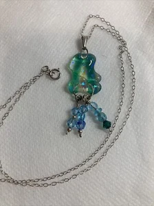 sterling silver blue green glass pendant artisan necklace 17” pendant 1.5” b97 - Picture 1 of 5