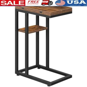 Foldable C-Shaped End Table W/ Storage Shelf Couch Nightstand Small Spaces New - Picture 1 of 5