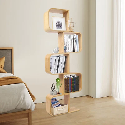 5 Tier Wood Geometric Bookcase S-Shaped Display Bookshelf Storage Room Divider - Image 1 of 4