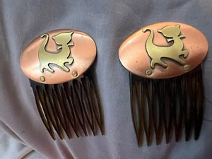 Set 2 fermagli per pettini per capelli vintage con gatto, tono rame, senza marchio - Foto 1 di 6
