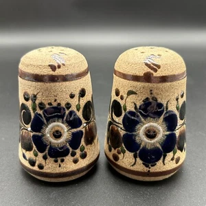 Tonala Pottery Salt & Pepper Shakers Mexico Floral Flowers 3" Tall Blue Signed - Picture 1 of 7