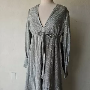 Vintage 70s Silver Sparkle Lurex Empire Waist Drawstring Maxi Dress Handmade M/L - Picture 1 of 10