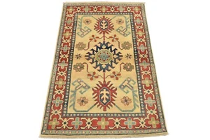 Kazak Rug 3'4'' x 5' Beige Wool Tribal Geometric Hand-Knotted Oriental Carpet - Picture 1 of 12