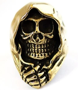 GRIM REAPER SKULL GOLD BRASS MEN'S BIG RING - Picture 1 of 9