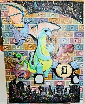 Оригинальная картина смешанных материалов 3x2 фута Mr Clever Art динозавры рок-группа музыка - Изображение 1 из 4