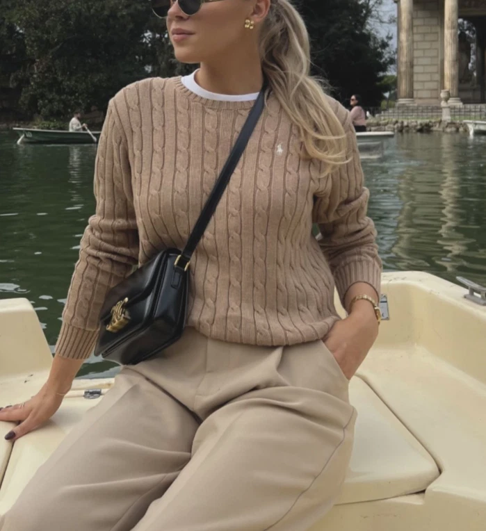  Suéter para mujer pequeño/polo Ralph Lauren tejido con cable algodón cuello redondo marrón Foto 1 de 4