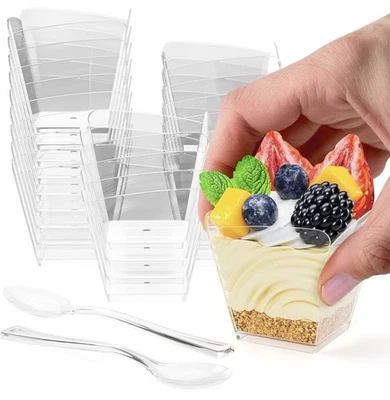 Mini tazas de postre con cucharas 196 piezas - 3,1 OZ tazas de postre cuadradas de plástico Dispo Foto 1 de 4