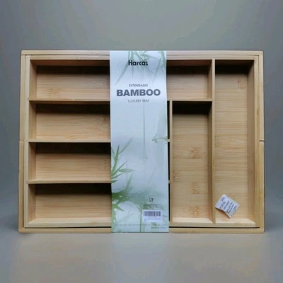 Bamboo Cutlery Tray, Adjustable Drawer Insert & Organiser 6-8 Compartments - Image 1 of 4