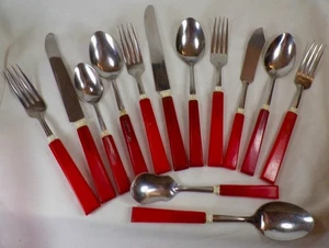 Cherry Red Bakelite Flatware 13 Pc Knives Forks Spoons Sta-Brite Stainless VTG - Picture 1 of 14