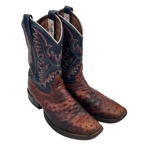 Tony Lama Full Ostrich Cowboy Boots Square Toe Western Brown Blue 11.5 D FLAWS* - Picture 1 of 21